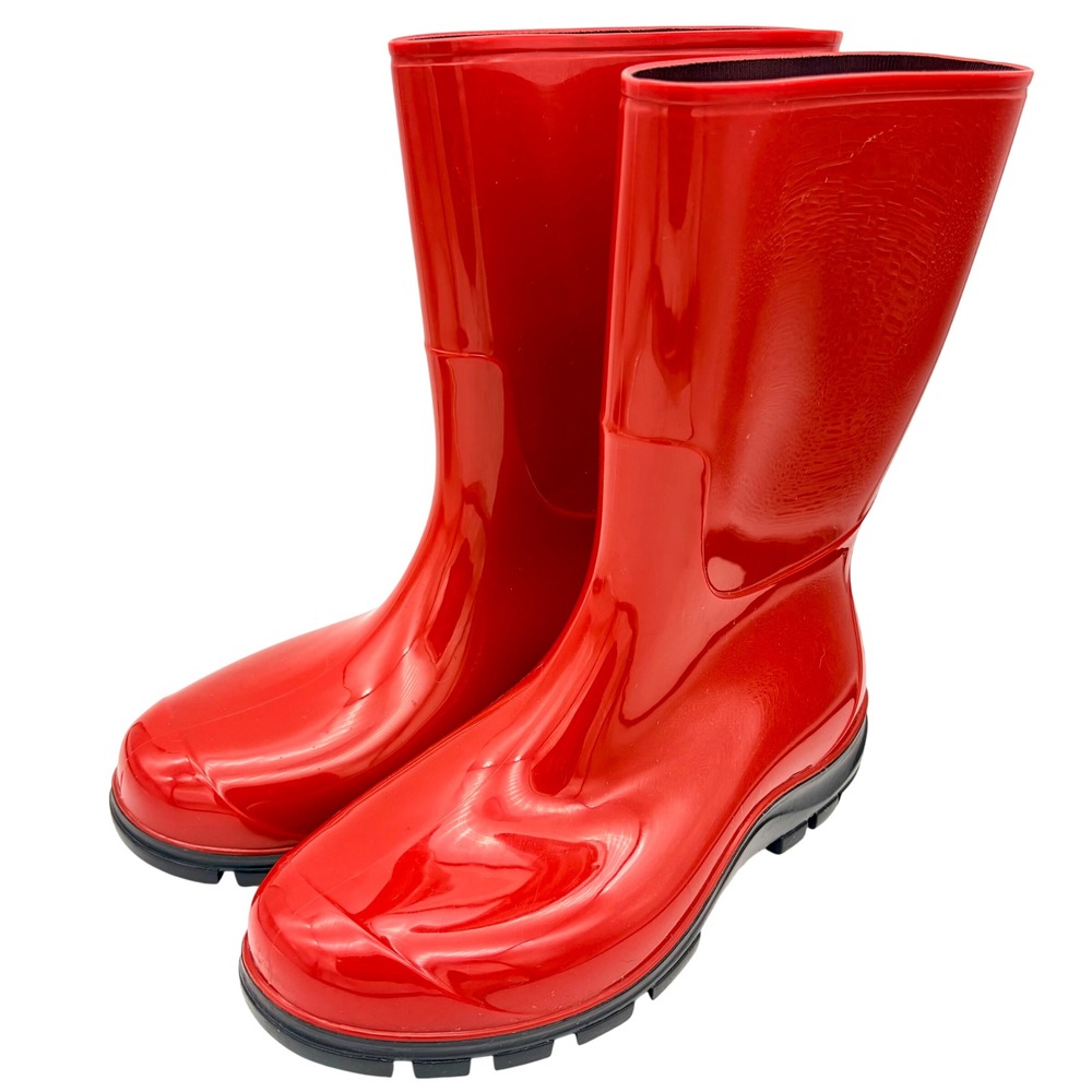 Red Glossy Mid-Calf Rain Boots Womens US 10 EU 41 Waterproof Lug Sole Wellies